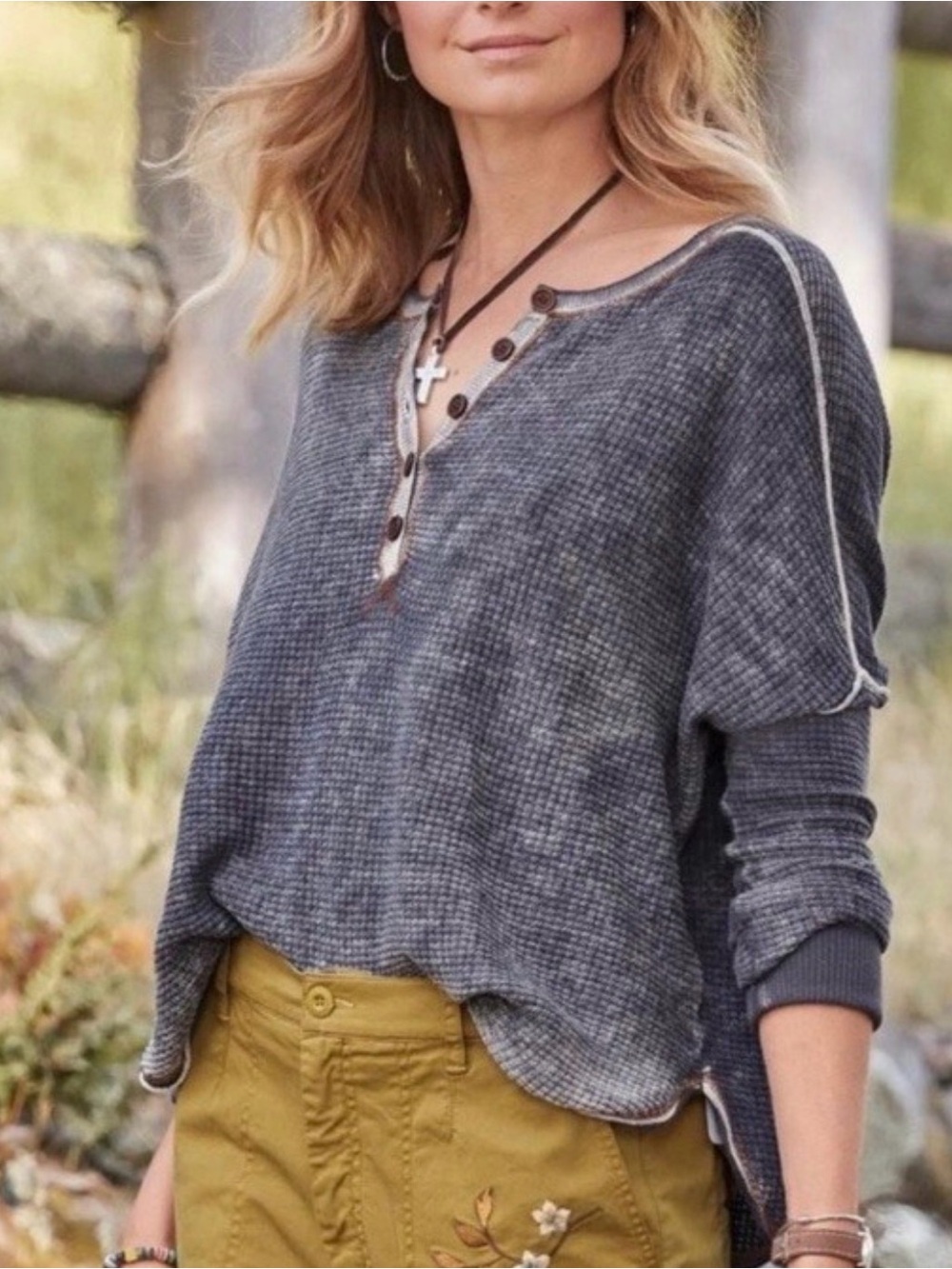 Sundance GENTRY Blue Henley Style Waffle Knit Slouchy Thermal Cotton Pullover